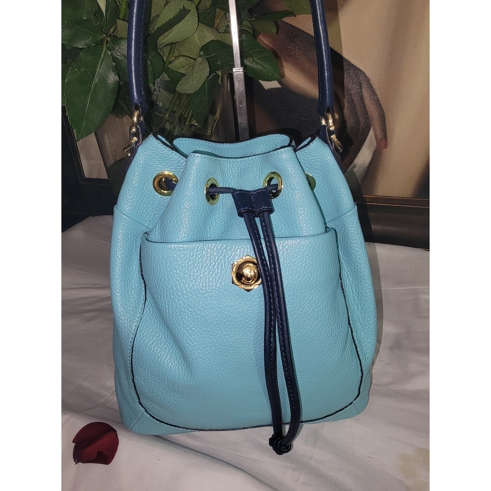 Draper James textured leather bucket bag pebble leather blue trim Y2K - Picture 3 of 7